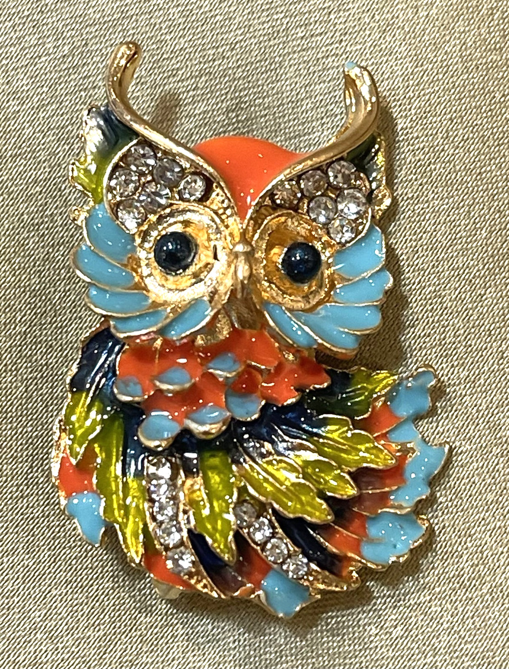 NWOT Orange Owl Bird Enamel Lapel Pin Brooch Rhinestone Crystal Gold Toned Cute